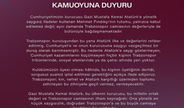 Vakfıkebir Trabzonsporlular Derneği: Atatürk’e Saygısızlık Kabul Edilemez