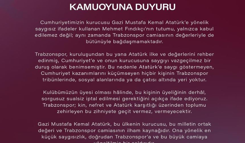 Vakfıkebir Trabzonsporlular Derneği: Atatürk’e Saygısızlık Kabul Edilemez