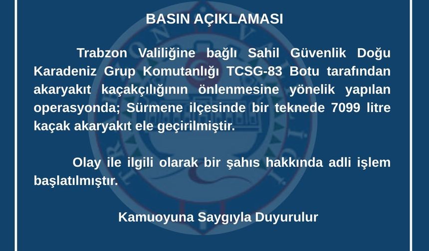 Trabzon’da Akaryakıt Kaçakçılığı Operasyonu: 7099 Litre Ele Geçirildi